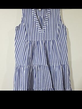 Pomander Place Blue and White Striped Sleeveless Tiered Mini Dress, XS